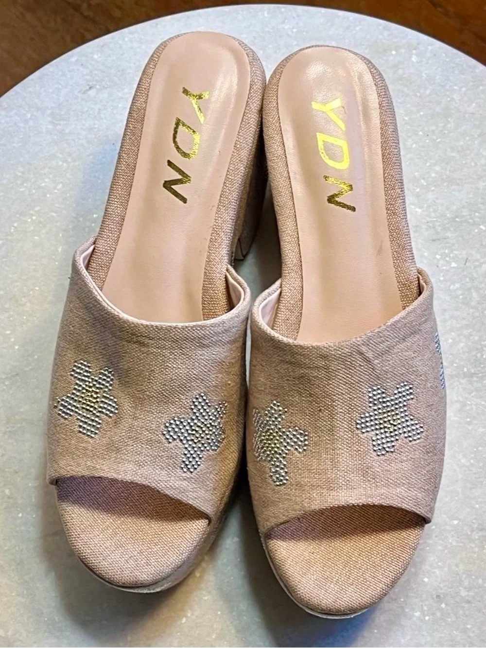 YDN Beige Platform Slide Mules with Silver Studded Flowers